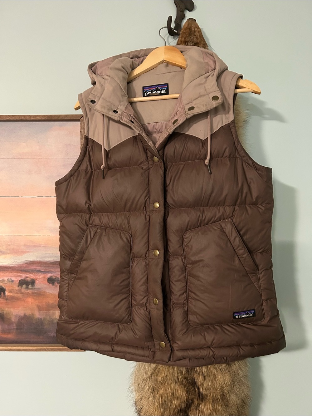 Patagonia Brown and Tan Hooded Quilted Puffer Vest